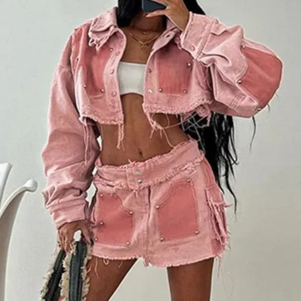 Pink cropped denim jacket and skirt set